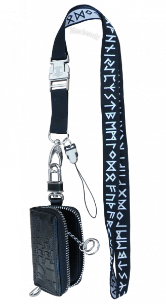 Futhark Schlüsselband mit Runen und Schlüsseltasche aus echtem Leder, schwarz Rindleder