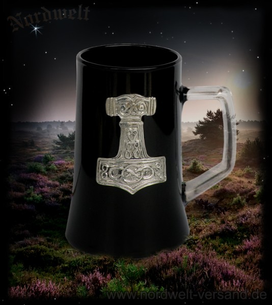 Thorhammer Kristallglas schwarzer Krug Bierglas mit Thors- Hammer Met- oder Bierkrug 