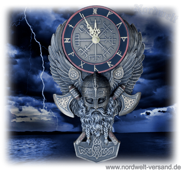 Uhr Odin bronzierter Kopf mit Vegvísir Wodan Göttervater Wotan Wikinger Wanduhr