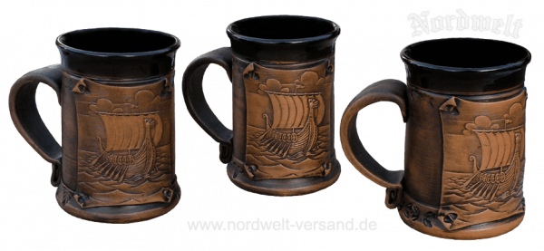 Tasse mit Wikingerschiff, Becher Keramik Metbecher