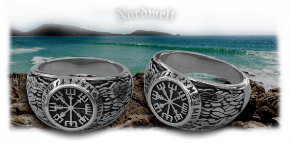 Vegvísir (signpost) ring with "Viking compass", stainless steel