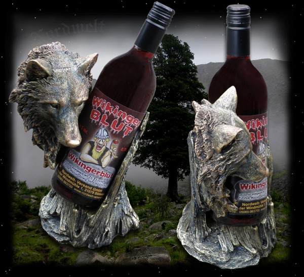 Flaschenhalter mit Wolf, Halter für Weinflasche Wolfskopf Odins Wölfe