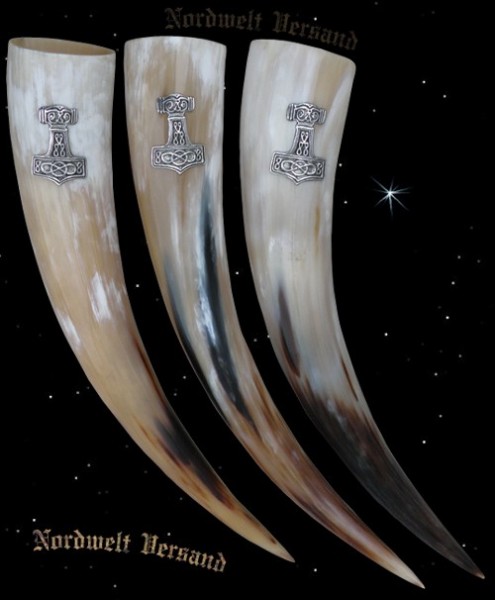Trinkhorn Methorn mit Thorhammer aus Zinn Thors Hammer Mjönir aus echtem Horn angefertigt
