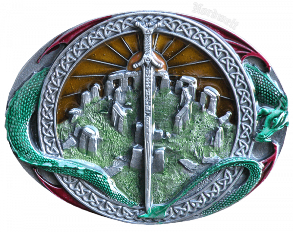 Belt buckle, with Celtic ornaments, Midgardsnake, cult place and rune sword, made of pewter